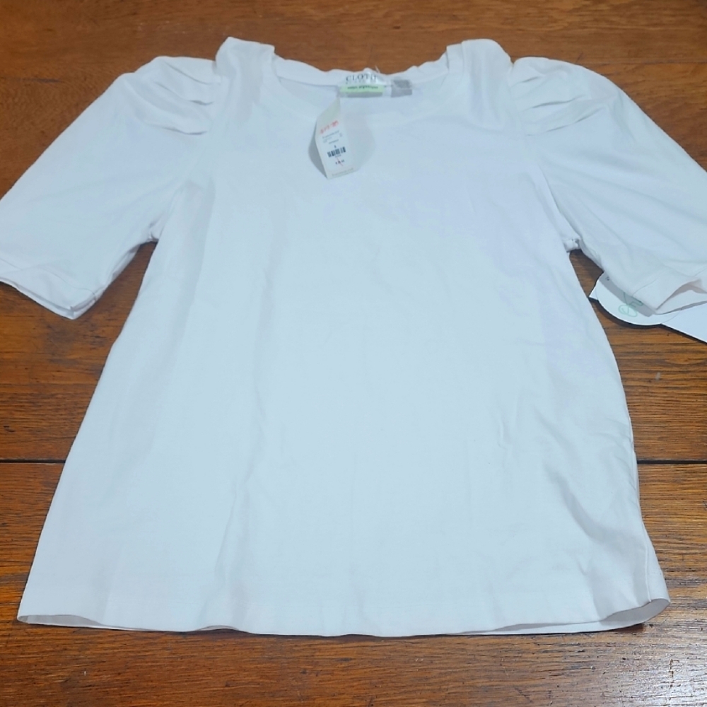 NWT CLOTH By Design White Organic Cotton Womens Top Pleated Sleeve Size Small